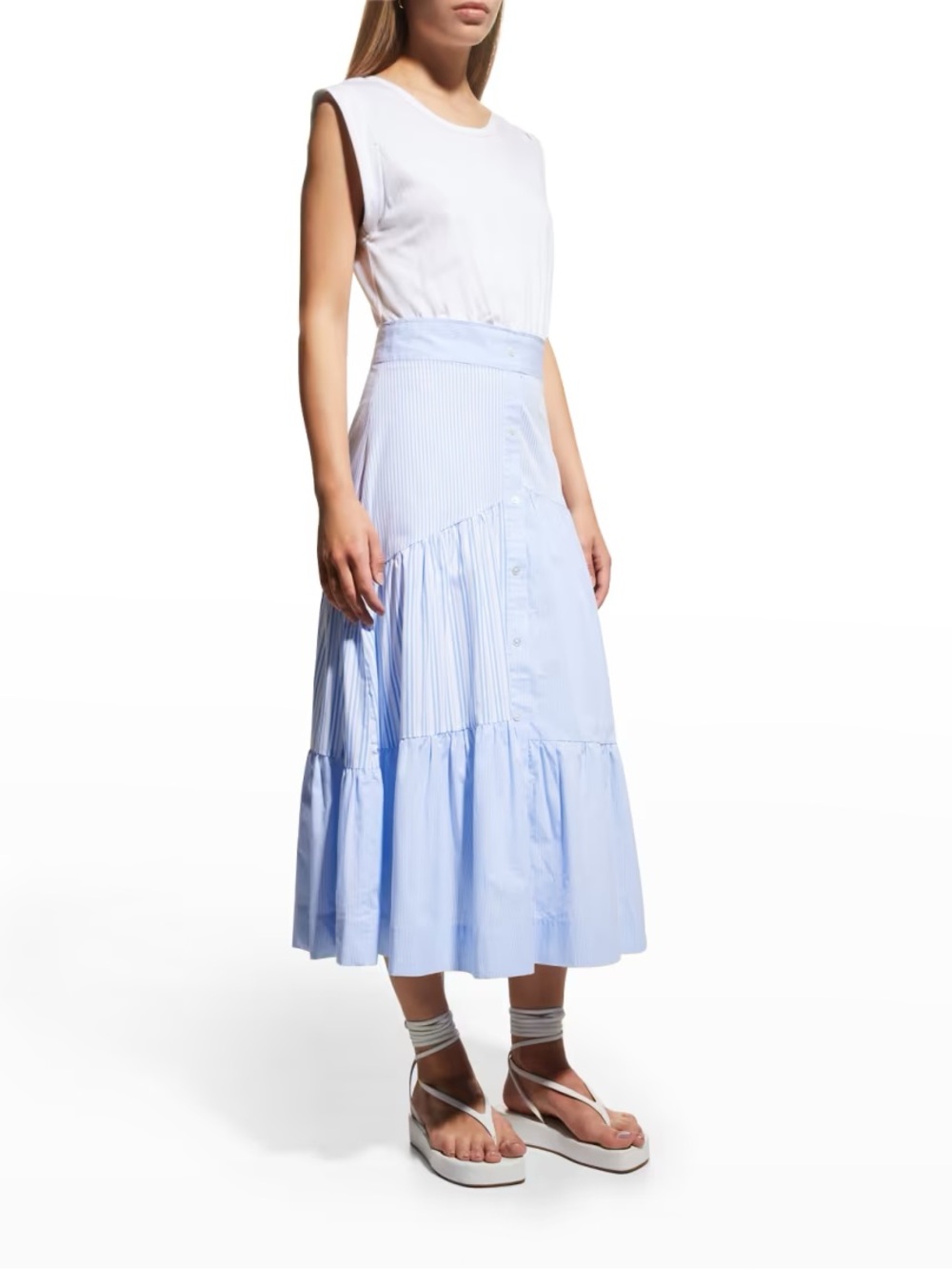 Veronica Beard Jeans Tinley Striped Shirting Tiered Midi Dress Sleeveless Blue